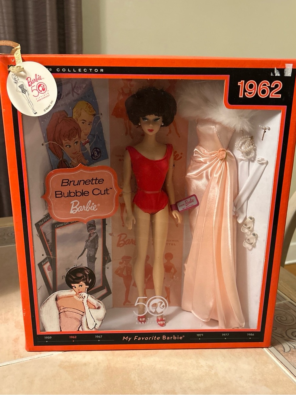 Barbie Brunette Bubble Cut 1962 Doll in Red Swimsuit with Pink Gown